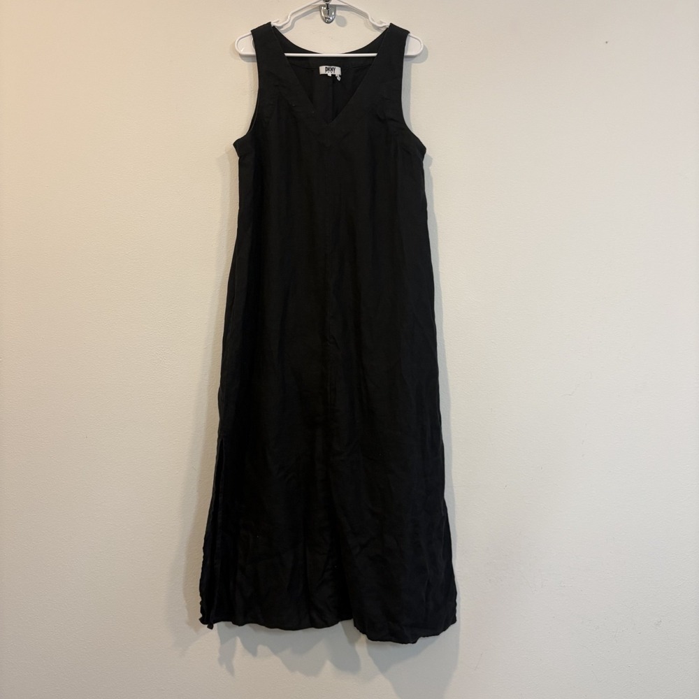 DKNY Pure Womens Large Black Linen Maxi Dress Long Classic Flowy Lightweight